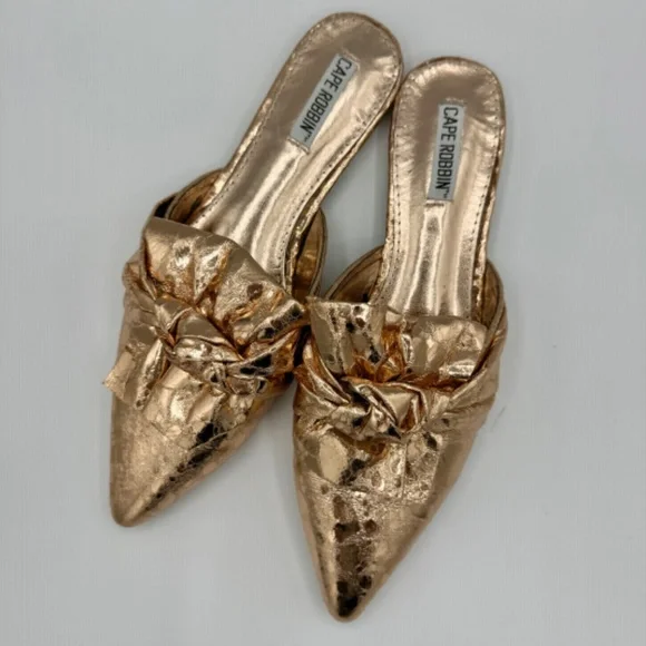 Cape Robbin | Vegan Metallic Rose Gold Knotted Pointed Toe Slip On Flats Mules - Picture 5 of 13